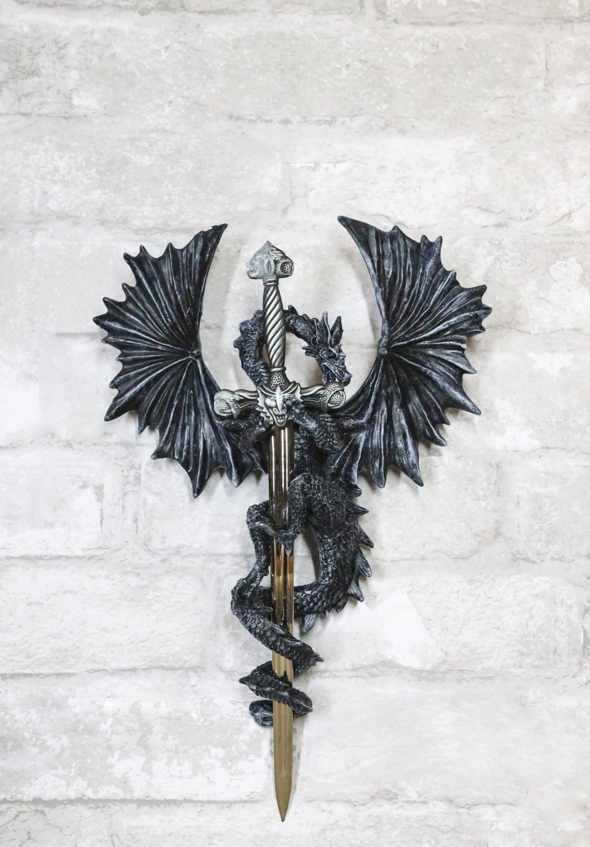 Gothic Black Winged Dragon Wall Plaque with Removable Medieval Sword – 12-Inch