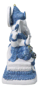 Blue & White Ganesha Statue with Mushak, 8.5-Inch Hindu God Seated on Throne