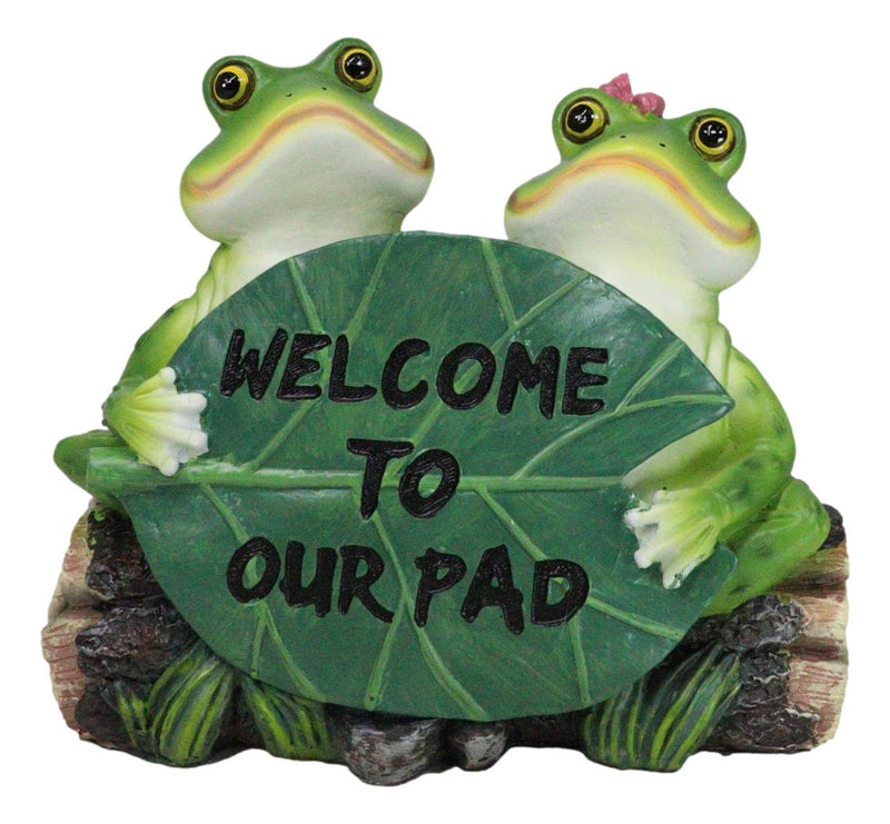 Welcome To Our Pad Green Frog Couple Sitting On Log With Lilypad Sign Figurine