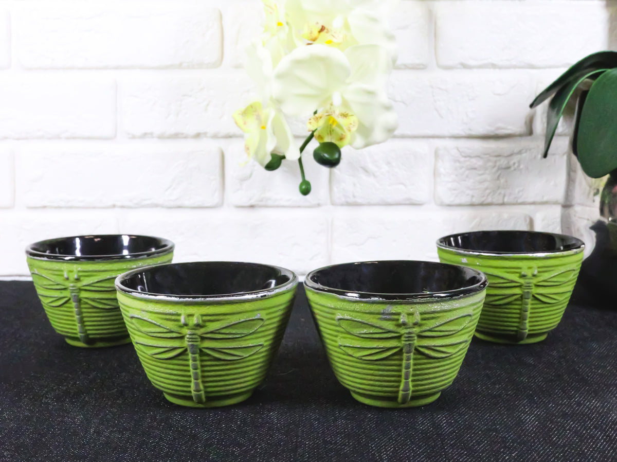 Pack Of 4 Green Tombo Dragonfly Cast Iron Tetsubin Textured Tea Cups 3oz