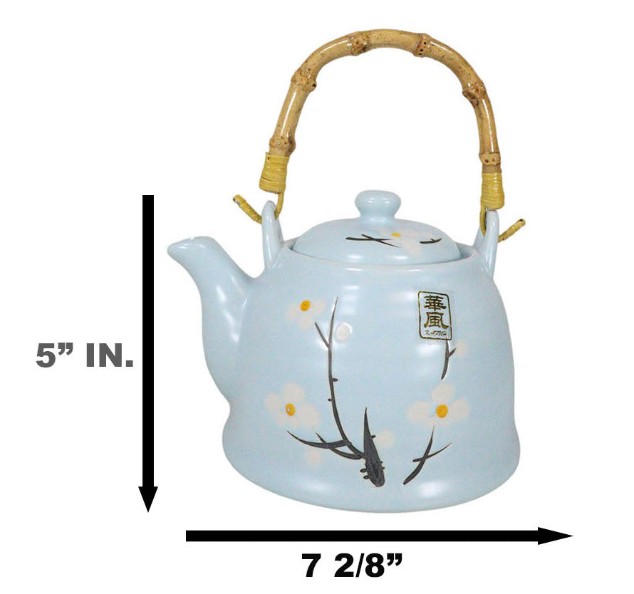 Japanese Sakura Cherry Blossom Branches Pastel Blue Ceramic Tea Pot Teapot 36oz - Ebros Gift
