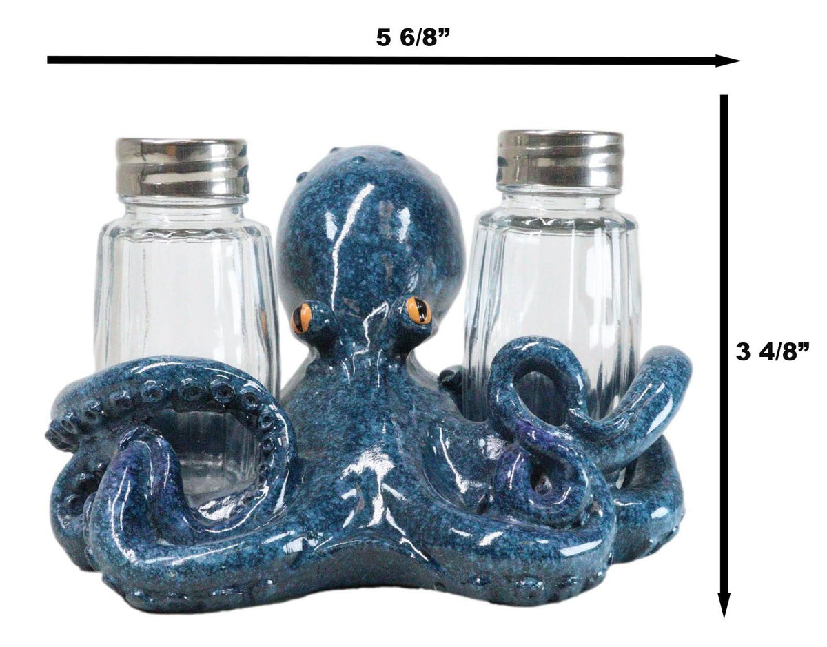 Onyx Blue Nautical Marine Cephalopod Octopus Salt Pepper Shakers Holder Set