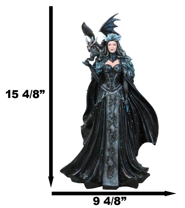 Large Gothic Necromancy Black Dragon Witch Dark Queen In Long Gown Statue