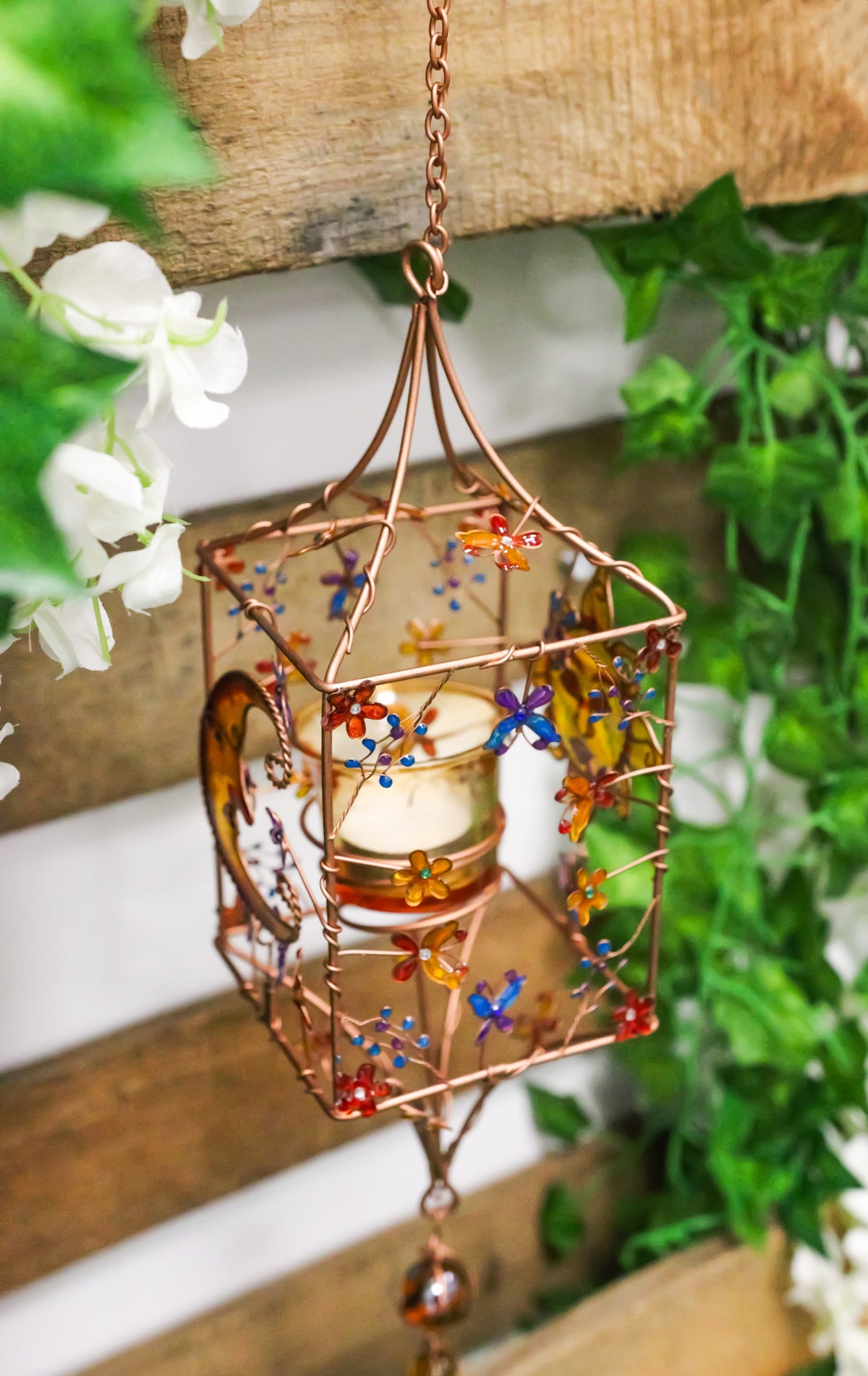 Celestial Sun Moon Christian Cross Art Glass Metal Candle Holder Wind Chime