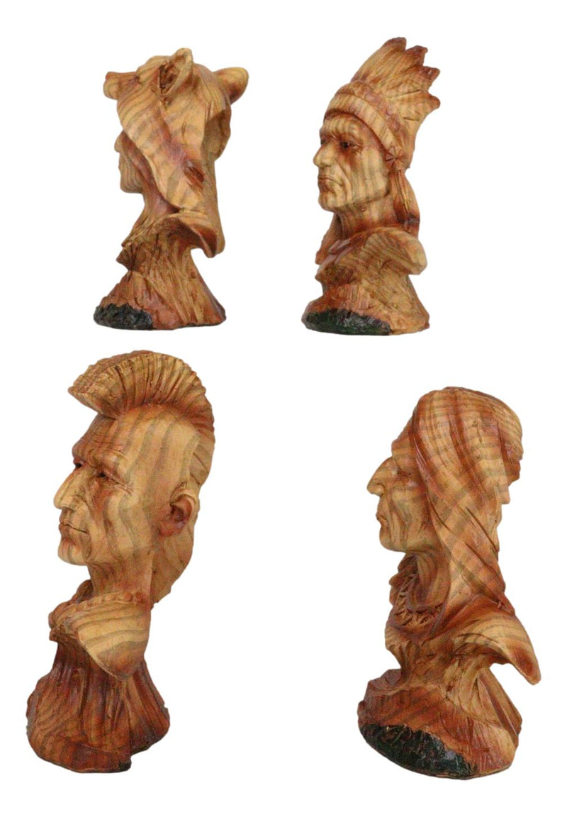 Set of 4 Native American Sioux Indian Tribal Warrior Chief Faux Wood Figurines