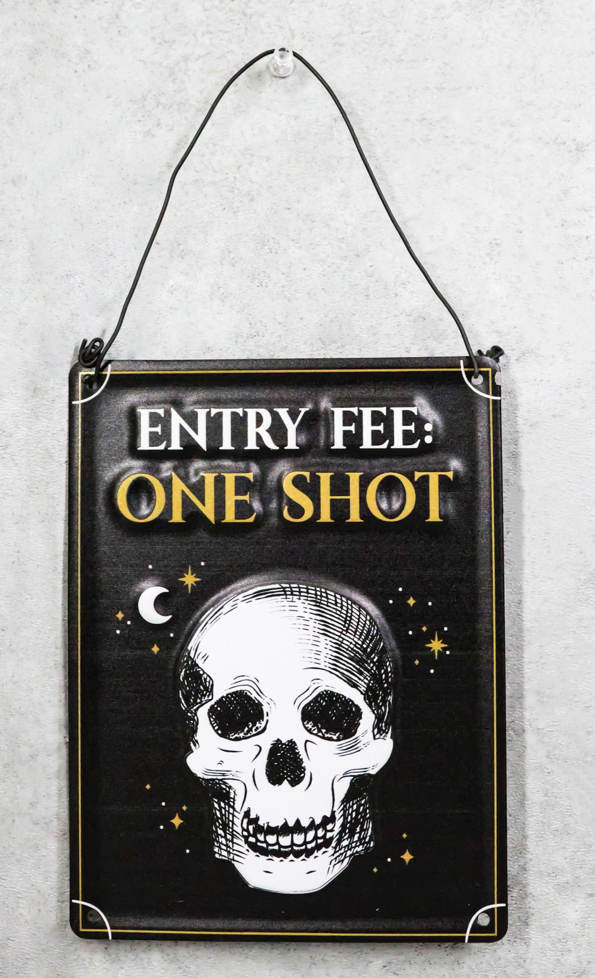 Set Of 2 Halloween Macabre Party Bar Entry Fee One Shot Skull Metal Wall Signs