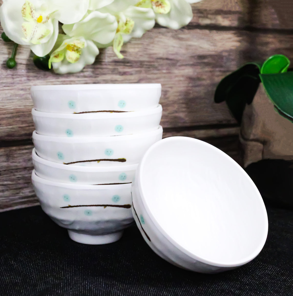 Set of 6 Contemporary Yukino Hana Snow Melamine Round Rice Miso Soup Bowls 10oz