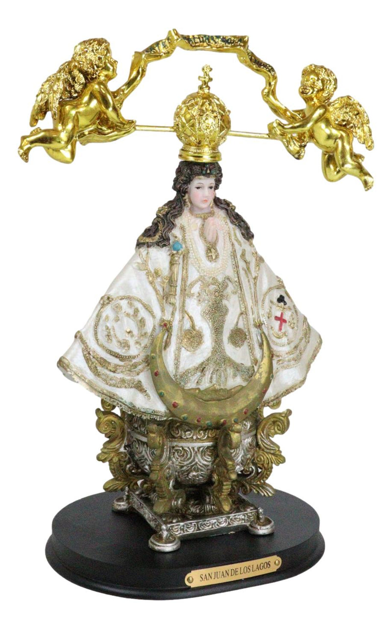 Our Lady of San Juan De Los Lagos Golden Crown And Angels Regal White Figurine