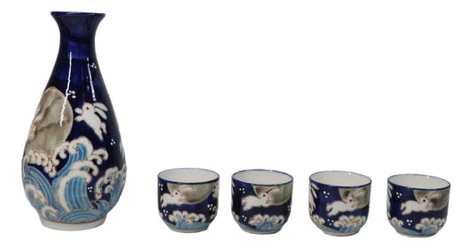 Blue Moon Rabbit With Waves Porcelain Sake Carafe Flask And 4 Ochoko Cups Set
