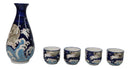Blue Moon Rabbit With Waves Porcelain Sake Carafe Flask And 4 Ochoko Cups Set