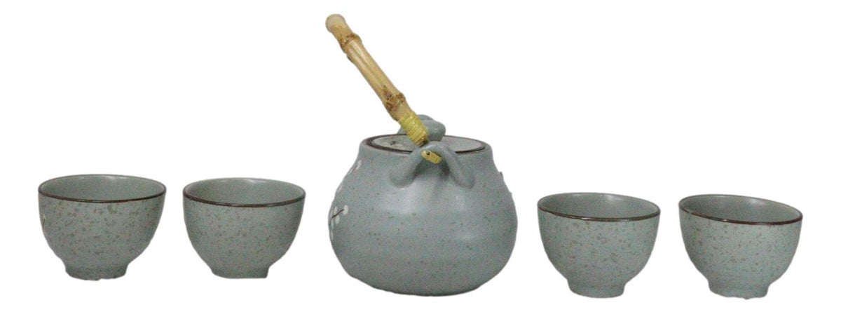 Japanese Sakura Pastel Ume Plum Cherry Blossom Traditional Teapot With Cups Set - Ebros Gift