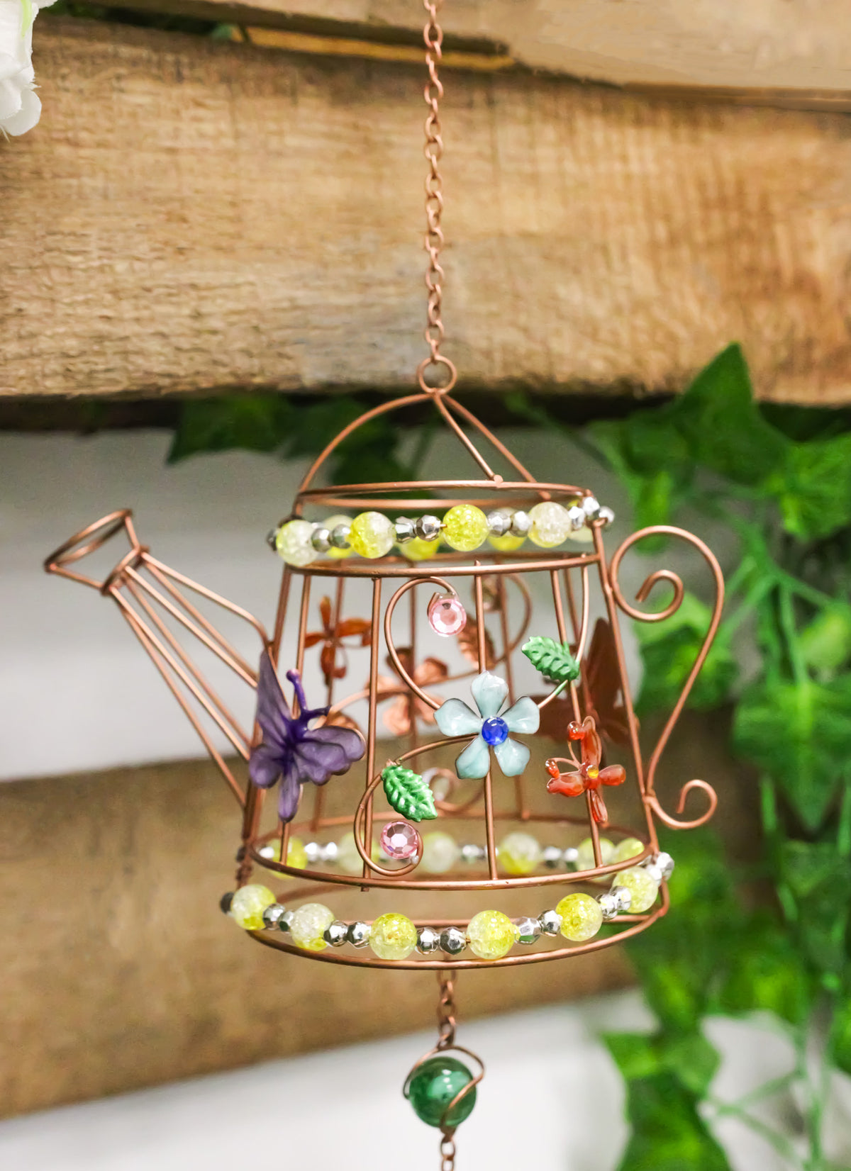 Monarch Butterflies On Garden Watering Can Art Glass Gemstones Metal Wind Chime