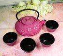 Magenta Ume Plum Floral Blossoms Tetsubin 27oz Cast Iron Tea Pot With 4 Cups Set