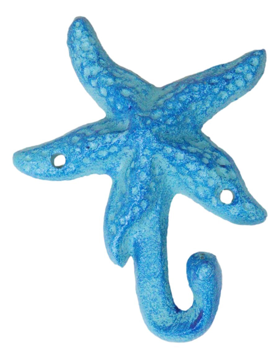 Pack Of 4 Cast Iron Rustic Blue Starfish Sea Stars Wall Hanger Coat Towel Hooks - Ebros Gift