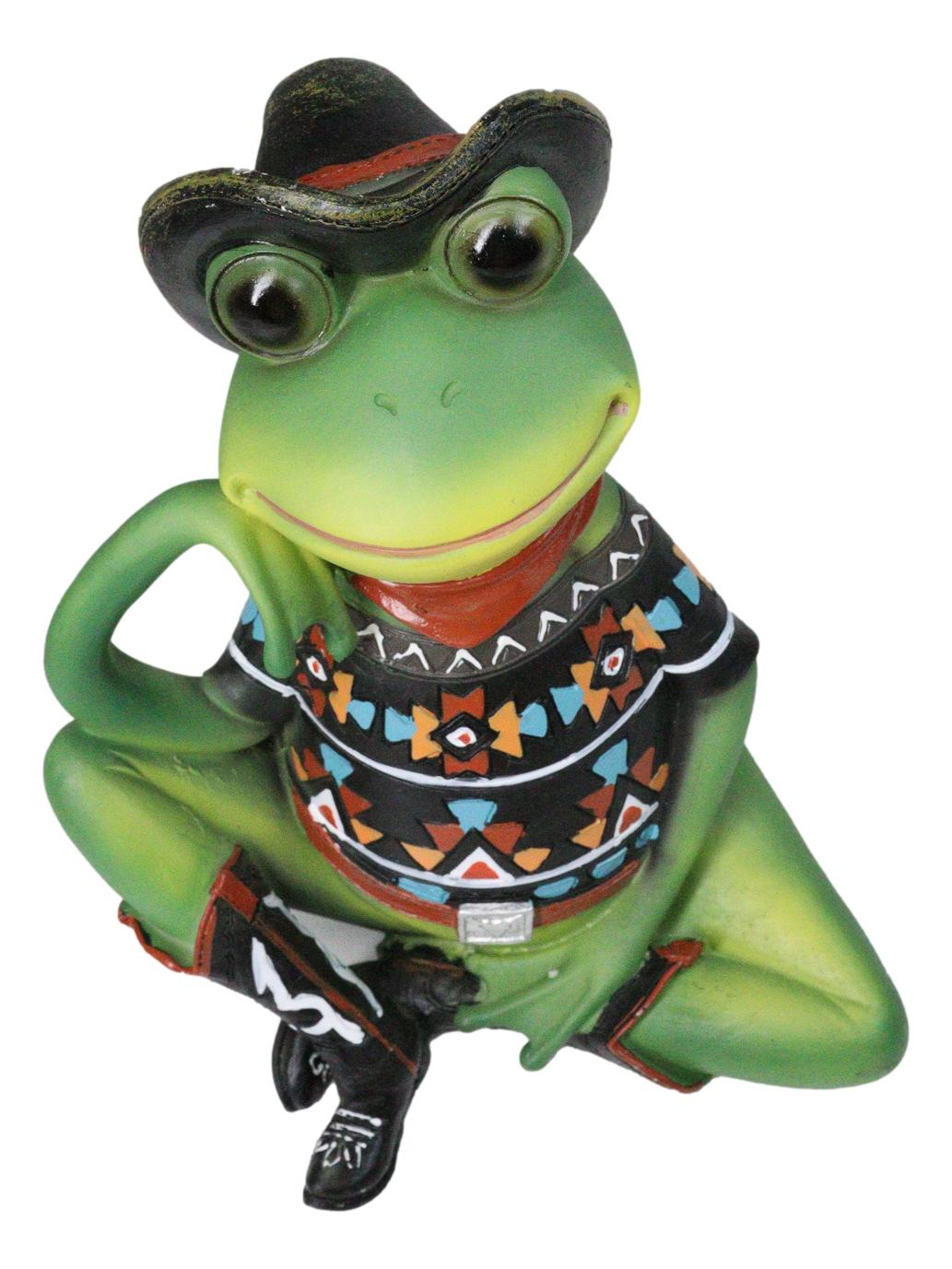 Western Green Cowboy Toad Frog with Black Hat Boots and Aztec Serape Figurine