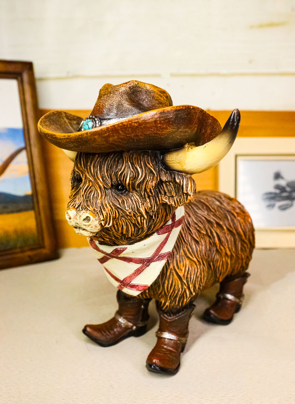 Western Scottish Highlands Cattle Cow Turquoise Rock Cowboy Hat Boots Figurine