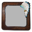Rustic Southwestern Indian Chief Headdress Faux Tooled Leather Wall Mirror Decor