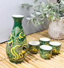 Green Golden Koi Fishes In Water Porcelain Sake Flask And 4 Ochoko Cups Set