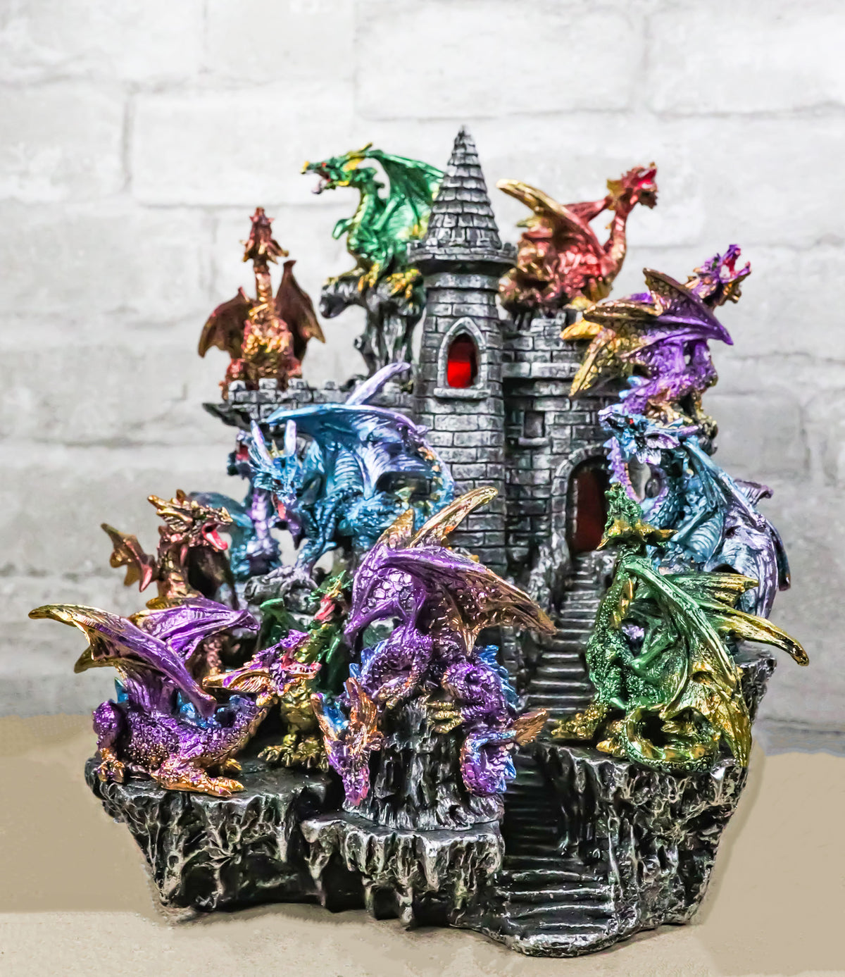 Medieval Colorful 12 Mini Dragons On Mountain Stonewall Castle Display Stand Set