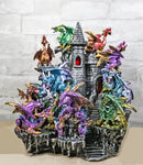 Medieval Colorful 12 Mini Dragons On Mountain Stonewall Castle Display Stand Set