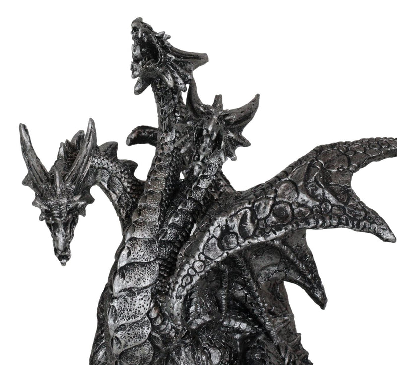 Gothic Silver Three Headed Dragon Hydra Roaring Statue 8" Tall Figurine Decor