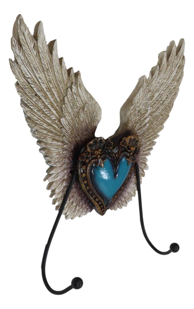 Rustic Western Turquoise Heart Le Fleur Angel Wings Wall Double Hooks Sculpture - Ebros Gift