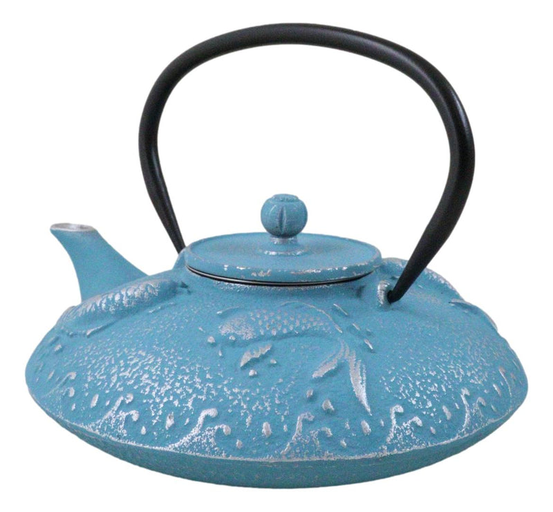 Turquoise Blue Auspicious Koi Fishes Cast Iron Tetsubin Teapot With Enamel Liner