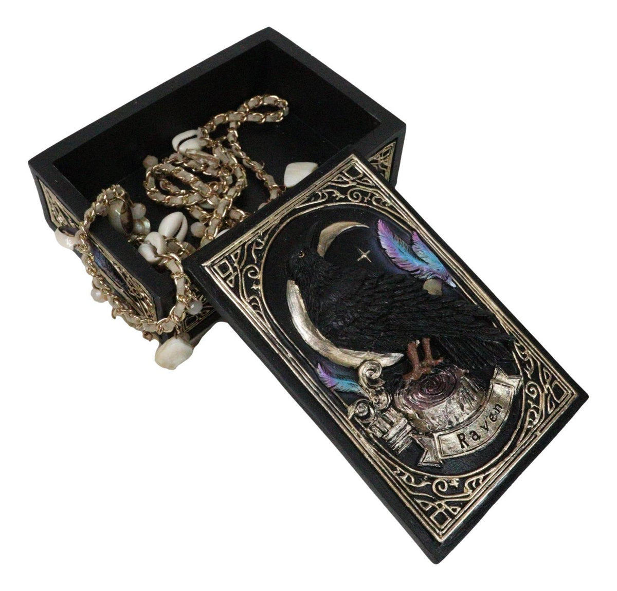 Mystic Raven Crow Crescent Moon Wicca Divination Ornate Tarot Cards Trinket Box