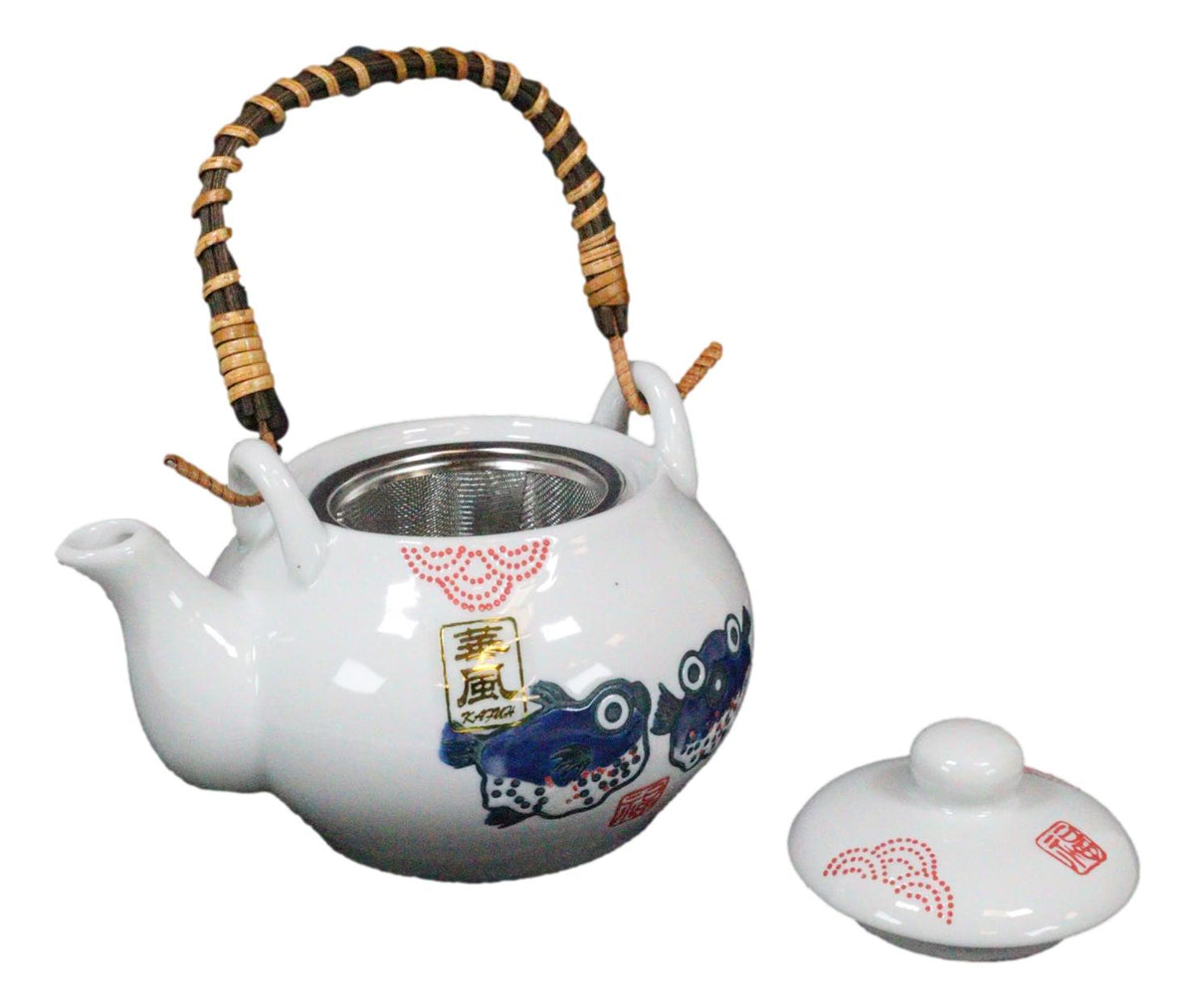 Japanese Blow Puffer Fish White Ceramic Tea Pot and Cups Set Serves 2