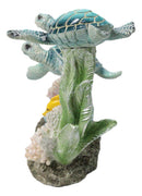 Marine Ocean Blue Sea Turtles Family With Yellow Fish And Coral Reef Figurine
