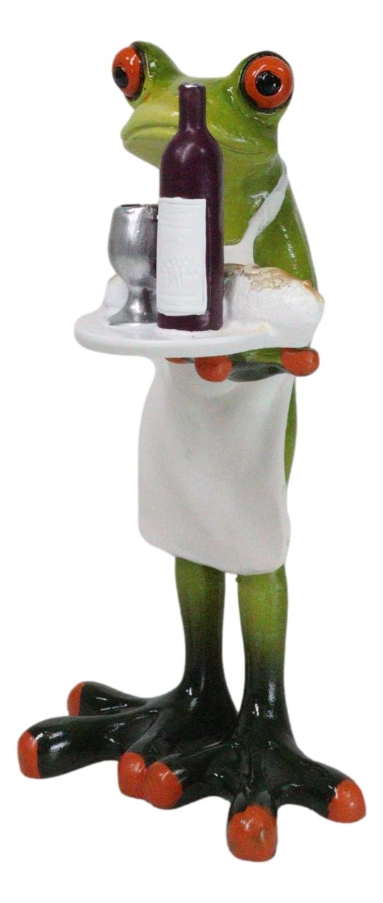 Green Toad Frog Butler Waiter With Wine Glass Bottle And Bread Tray Figurine 6"H
