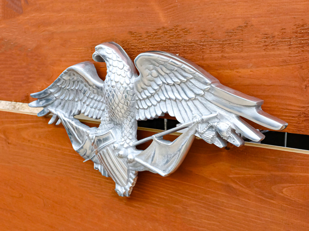 Large 26" Polished Aluminum Bald Eagle Clutching USA Flags And Crest Wall Decor