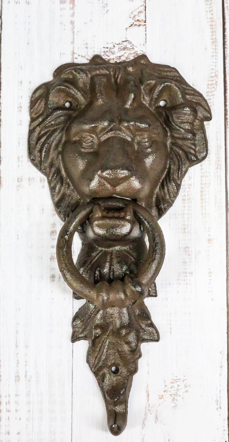 Cast Iron Royal Venetian Lion Head Door Knocker With Greenman Leaf Strike Plate