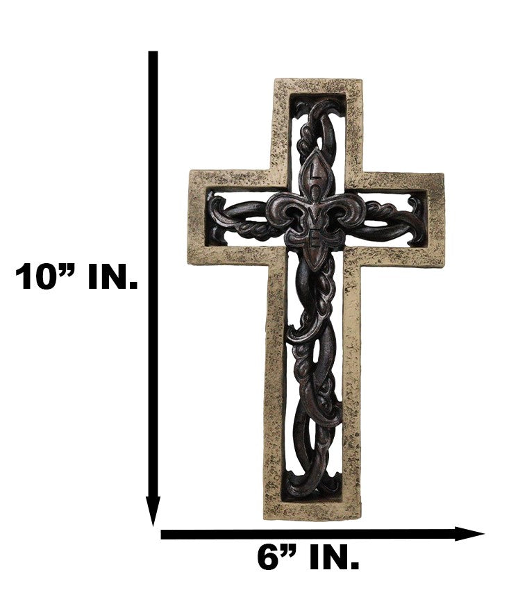 Rustic Faux Stone Fleur De Lis French Lily Scrollwork Tuscany Wall Cross