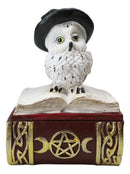 White Snow Owl With Witch Hat Sitting On Triple Moon Spell Book Trinket Box