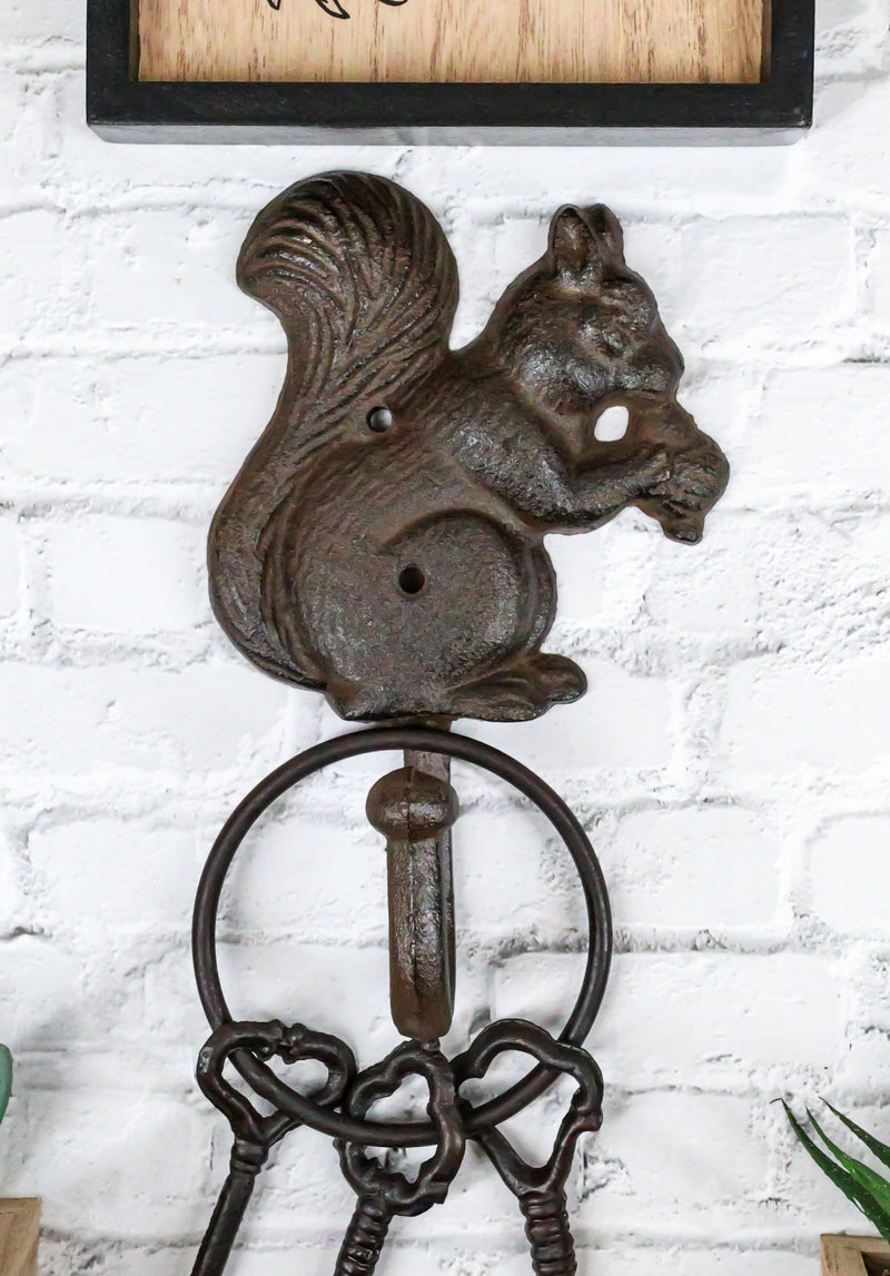 Rustic Western Cast Iron Tree Squirrel With Acorns Wall Coat Hooks Sculpture