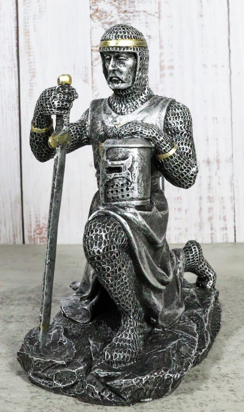Kneeling Medieval Suit Of Armor Crusader Knight With Sword And Helmet Figurine
