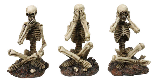 See Hear Speak No Evil Skeleton Figurines Set of 3 Wise Skeletons in Seated Pose