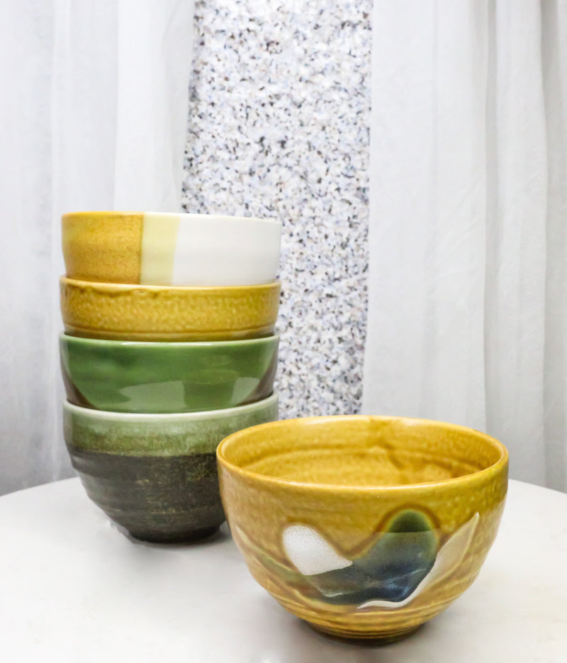 Abstract Art Tenmoku Glazed Ceramic 10oz Matcha Tea Bowl Set of 5 Made In Japan