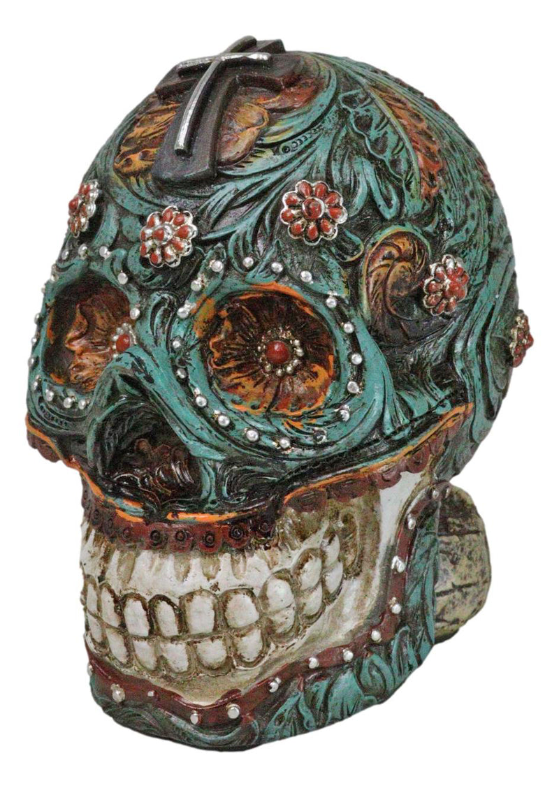 Faux Leather Turquoise Floral Scrollwork with Layered Cross Skull Money Bank