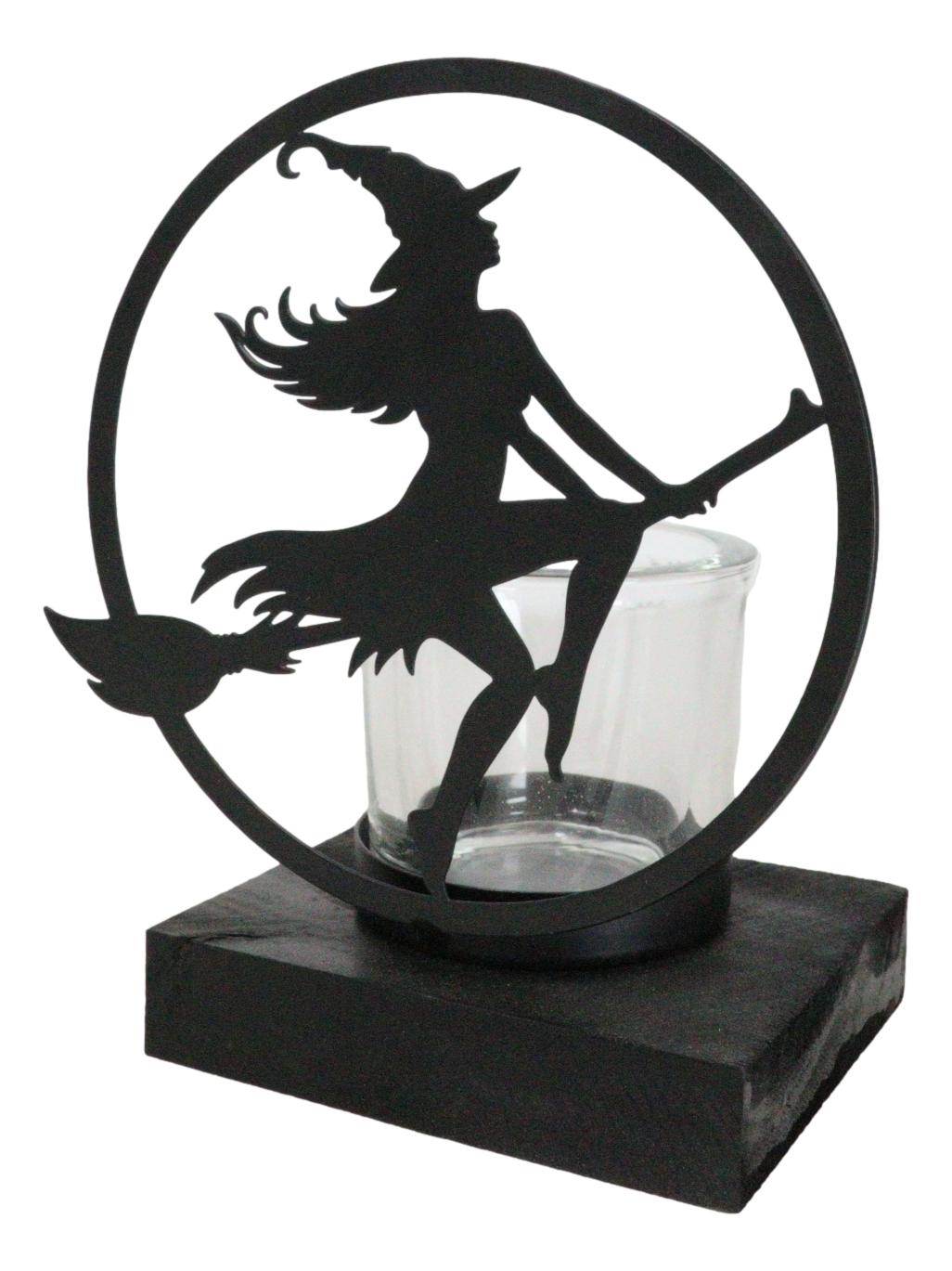 Wicca Grand High Witch Riding On Broomstick Coated Metal Votive Candle Holder
