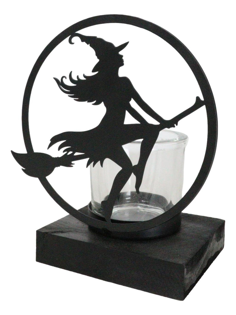 Wicca Grand High Witch Riding On Broomstick Coated Metal Votive Candle Holder