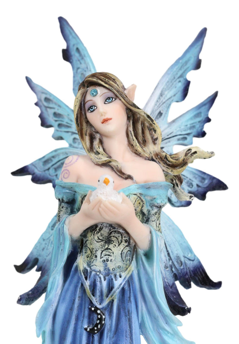 Enchanted Lady Damsel Fairy in Blue Corset Gown Holding Little Bird Figurine
