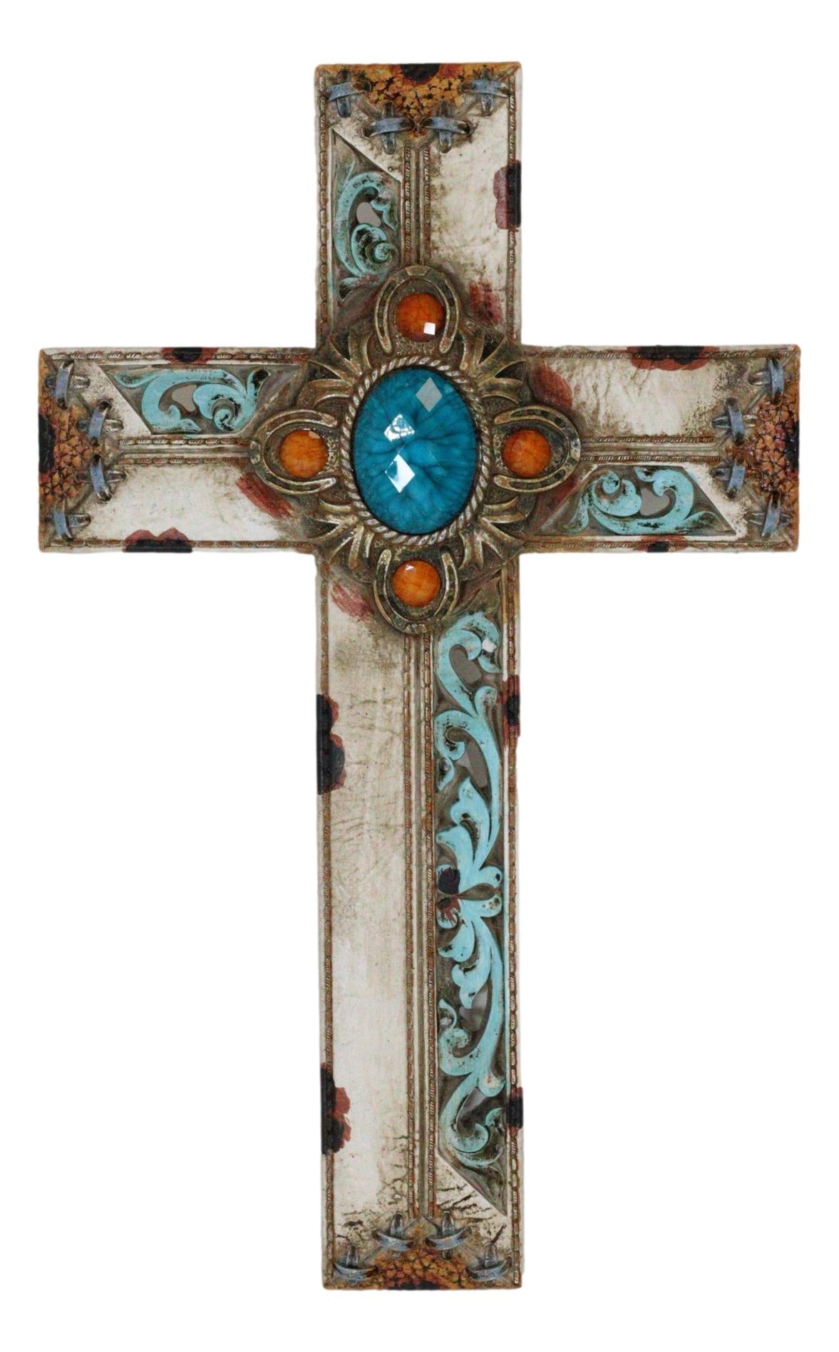 Pack Of 3 Rustic Western Tuscany Scrollwork Turquoise Amber Gems Wall Crosses