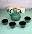 Green Tokusa Gold Streaks Tetsubin 27oz Cast Iron Tea Pot With 4 Cups Set