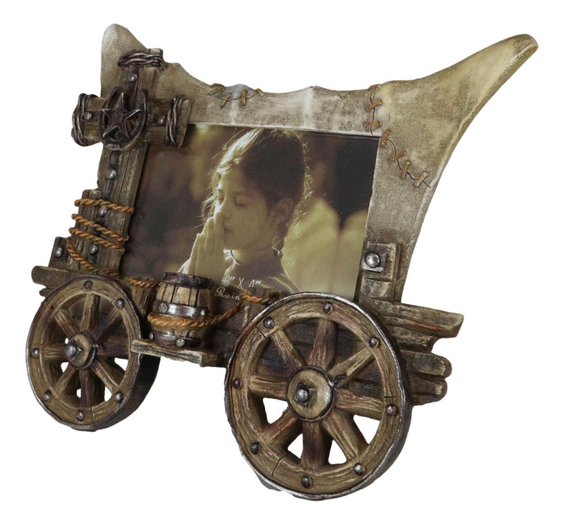 Rustic Western Covered Wagon With Wheels And Horseshoe Cross 6"X4" Picture Frame