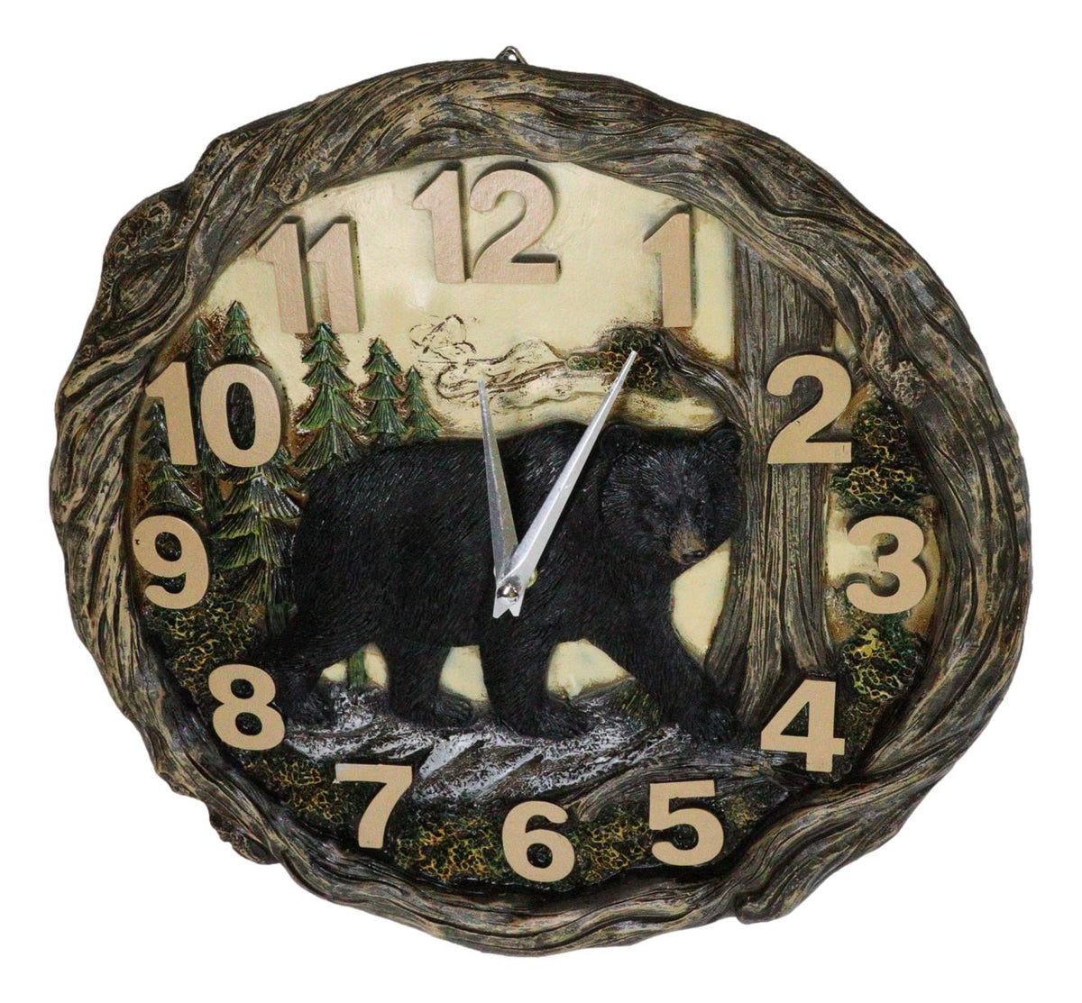 Rustic Cozy Woodland Pines Black Bear Forest Faux Wood Look Wall Clock Decor