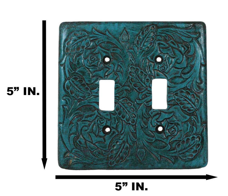 Set of 2 Western Tooled Floral Lace Turquoise Wall Double Toggle Switch Plates