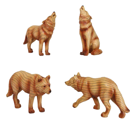 Pack of 4 Full Moon Howling Scouting Pose Alpha Gray Wolf Faux Wood Figurines - Ebros Gift