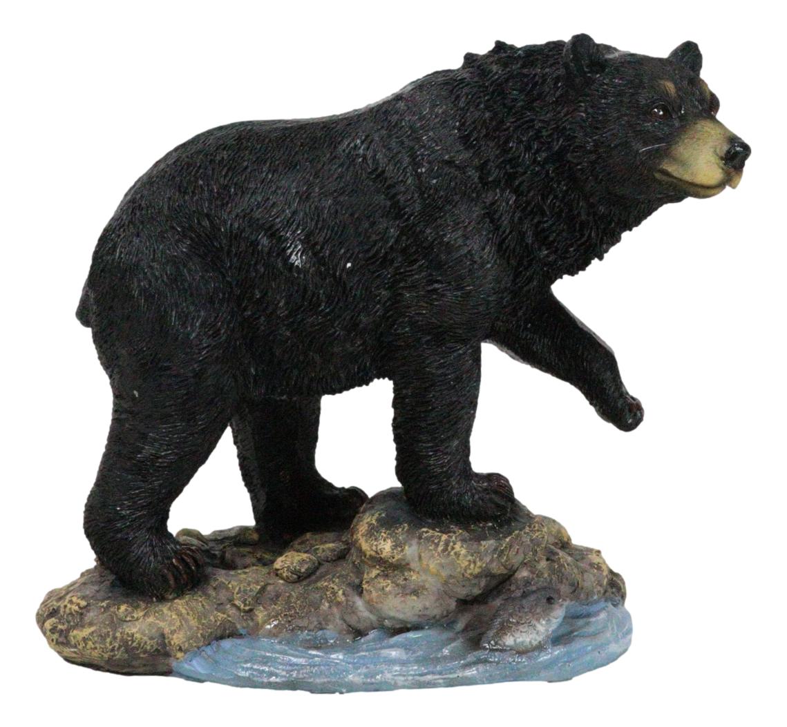 Rustic Wildlife Forest Black Bear Fishing By Rocky River Bank Figurine Decor